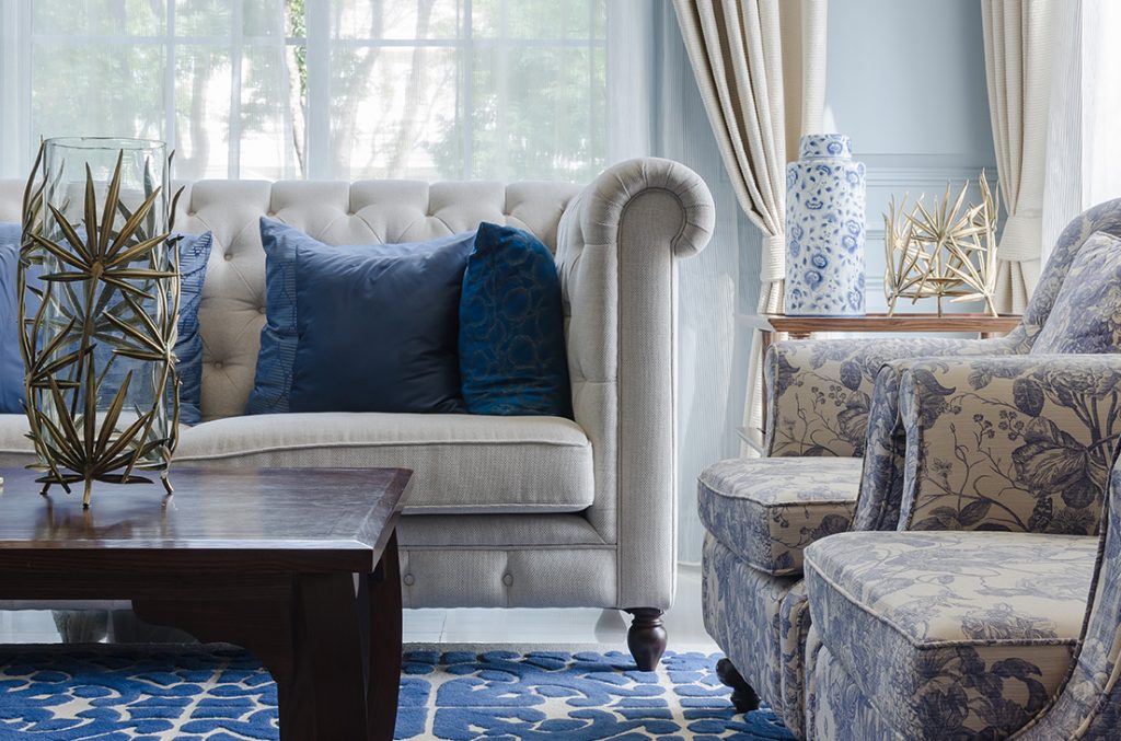 close-up-furniture Close up image of furniture with blue accent pillows